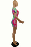 Multicolor Fashion Casual Print Basic V Neck Short Sleeve Regular Romper