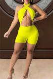 Red Sexy Solid Hollowed Out Backless Strap Design Halter Skinny Romper