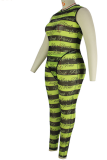 Fluorescent Green Sexy Striped Letter O Neck Plus Size