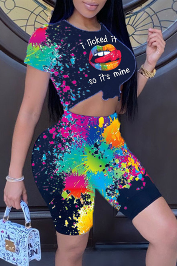 Black Fashion Casual Print Basic O Neck Short Sleeve Two Pieces