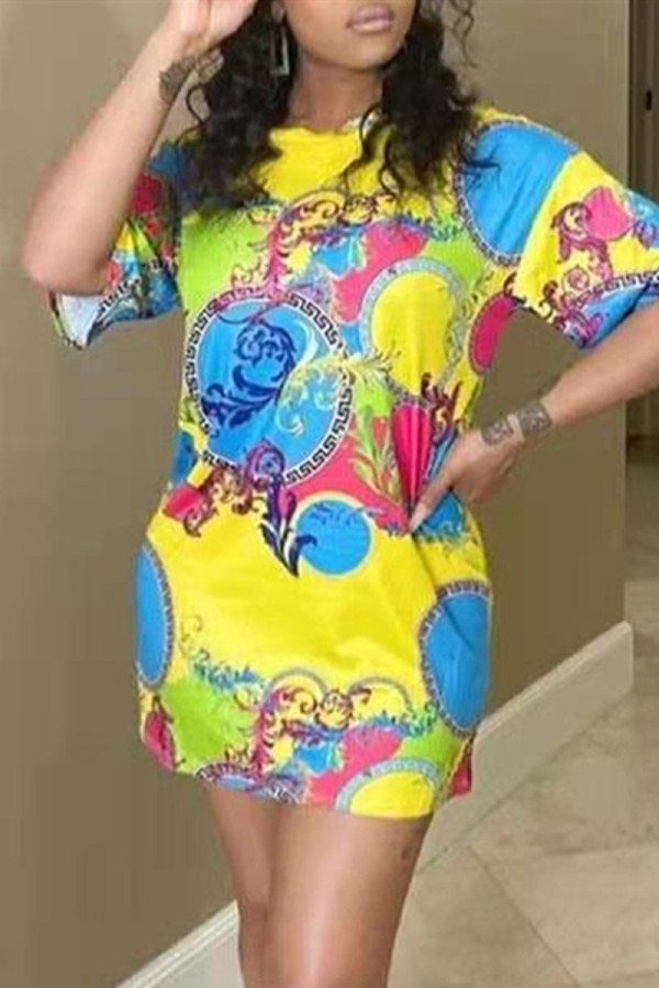 Yellow Fashion Casual Print Basic O Neck Short Sleeve Dress