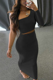 Pink Fashion Sexy Long Sleeve Oblique Collar Single Sleeve Short Solid Two Pieces