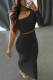 Black Fashion Sexy Long Sleeve Oblique Collar Single Sleeve Short Solid Two Pieces