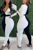 Black And White Fashion Casual Patchwork With Belt Skinny Jumpsuits