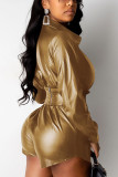 Gold Sexy Solid Bandage With Belt Turndown Collar Regular Jumpsuits
