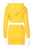 Yellow Casual Embroidered Split Joint Hooded Collar Long Sleeve Two Pieces