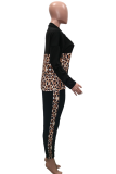 Black Casual Leopard Patchwork Turndown Collar Long Sleeve Two Pieces