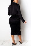Red Sexy British Style Solid Fold Turndown Collar Long Sleeve Knee Length Pencil Skirt Dresses