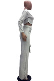 Grey Fashion Casual Adult Solid Frenulum O Neck Long Sleeve Regular Sleeve Short Two Pieces