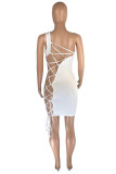 White Sexy Solid Hollowed Out Backless One Shoulder Sleeveless Dress
