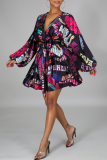 Black Sexy Print Split Joint V Neck Cake Skirt Dresses