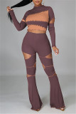 Purplish Red Fashion Casual Patchwork Ripped O Neck Long Sleeve Two Pieces