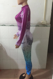 Blue Sexy Print Patchwork Zipper Collar Skinny Jumpsuits