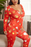 Red Sexy Living Polyester Knitting Character Print Buttons U Neck Plus Size