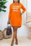 Blue Fashion Casual Living Polyester Letter Print Pocket Pullovers Basic O Neck Long Sleeve Mini Straight Dresses