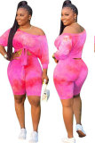 rose red Fashion Sexy adult Patchwork Print Tie Dye Bandage asymmetrical Two Piece Suits Straight Short Sleeve Two Pieces