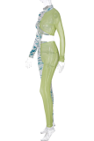 Green Sexy Camouflage Print See-through Mesh Half A Turtleneck Long Sleeve Two Pieces