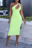 Green Sexy Solid Hollowed Out Backless One Shoulder Sleeveless Dress Dresses