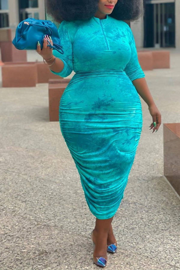 Turquoise Print Tie-dye Mandarin Collar Wrapped Skirt Plus Size 