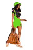 Green Polyester Fashion Sexy adult Patchwork Print Two Piece Suits pencil Short Sleeve Two Pieces