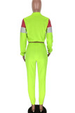 Fluorescent green Polyester Active Casual Europe and America Patchwork Solid contrast color pencil Long Sleeve Two Pieces