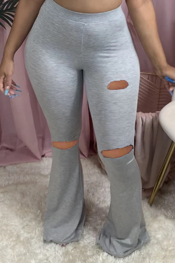 Grey Sexy Solid Ripped Boot Cut Mid Waist Speaker Bottoms