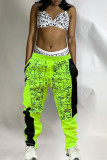 Green Fashion Casual Letter Print Patchwork Regular Mid Waist Trousers