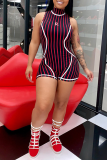Red Sexy Striped Patchwork Turtleneck Skinny Rompers