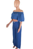 Dark Blue Fashion Casual Adult Polyester Solid Split Joint Bateau Neck Half Sleeve Off The Shoulder Short Two Pieces