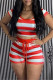 Red Casual Striped Print Basic O Neck Short Sleeve Two Pieces