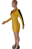 Yellow Polyester Sexy Cap Sleeve Long Sleeves Hooded Step Skirt Knee-Length chain Patchwork Solid