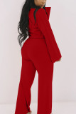 Red Casual Solid O Neck Long Sleeve Two Pieces