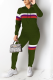 Army Green Casual Striped Patchwork Hooded Collar Long Sleeve Two Pieces
