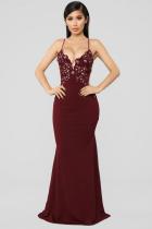 Wine Red Polyester Sexy Fashion Spaghetti Strap Sleeveless Slip A-Line Floor-Length Patchwork Mesh lace persp