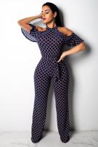 Dark Blue Fashion Sexy Print Patchwork Polyester Short Sleeve O Neck Jumpsuits
