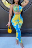 Yellow Fashion Casual Tie-dyed Backless Milk. Sleeveless Hanging neck Jumpsuits