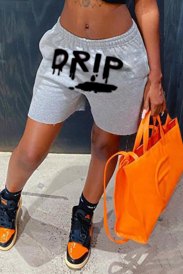 Grey Fashion Casual Letter Print Basic Regular Mid Waist Shorts