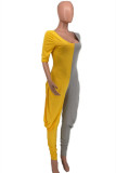 Yellow Fashion Casual Patchwork Backless O Neck Regular Jumpsuits