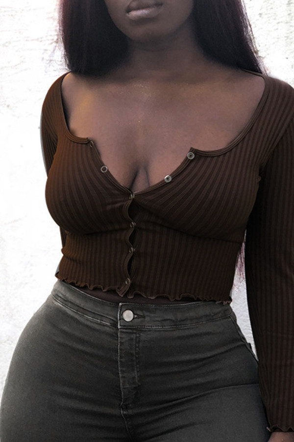 Brown Casual Solid Patchwork U Neck Mid Waist Tops