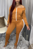 Green Sexy Patchwork Slit Bateau Neck Long Sleeve Two Pieces
