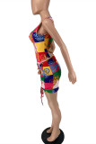 Colour Fashion Sexy Print Hollowed Out Strap Design O Neck Sleeveless Two Pieces