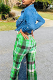 Green Fashion Casual Plaid Print Basic Regular High Waist Trousers