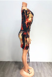 Red Fashion Sexy Print Draw String Strap Design O Neck Printed Dress