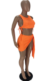 Tangerine Red Sexy Solid Patchwork U Neck Sleeveless Two Pieces
