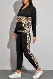 Black Casual Leopard Patchwork Turndown Collar Long Sleeve Two Pieces