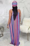 rose red Polyester Sexy Fashion Tank Sleeveless Slip A-Line Floor-Length Print asymmetrical Striped Patchwork
