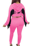 Pink Fashion Sexy Adult Polyester Patchwork Solid Tassel Split Joint Hooded Collar Long Sleeve Regular Sleeve Short Two Pieces