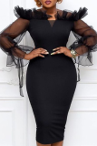 Black Sexy Solid Mesh Bateau Neck Pencil Skirt Dresses