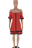Red Polyester Sexy Ruffled Sleeve Short Sleeves One word collar A leaf skirt skirt chain Patchwork Solid