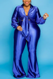 Blue Fashion Solid V Neck Long Sleeve Two Pieces